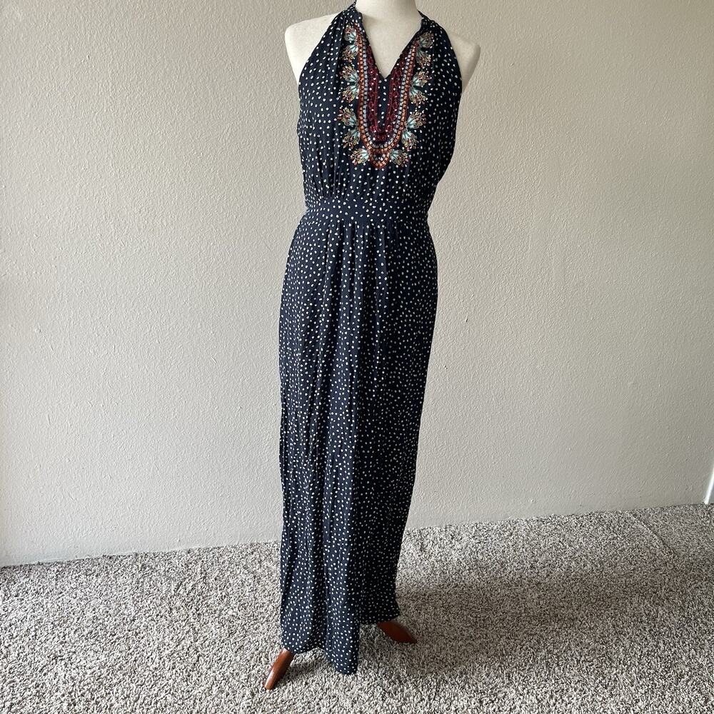 THML Embroidered A-Line Boho Maxi Dress Sz M Black Sleeveless